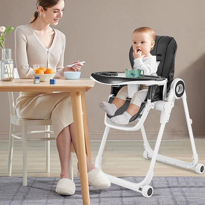 HONEY JOY High Chair with Wheels, Foldable Highchair for Babies & Toddlers, Adjustable Backrest/Footrest/Seat Height, Double Removable Trays, Detachable Seat Cushion for Boys Girls