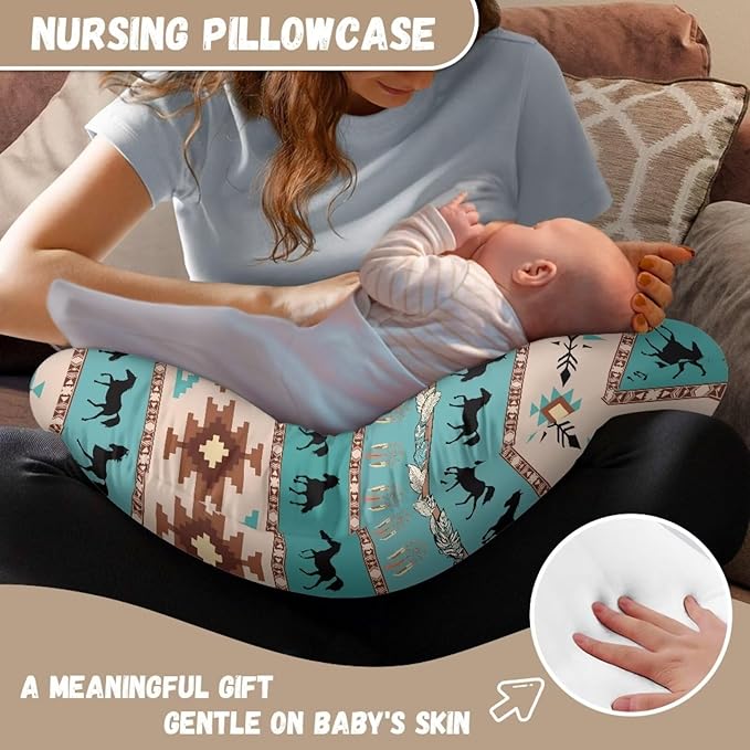 Aztec Boho Horse Nursing Pillow Cover for Baby Boys Breastfeeding Pillow Slipcover with Hidden Zipper Nursing Pillow Case for Newborn Girls Breast Feeding Pillowcases Green