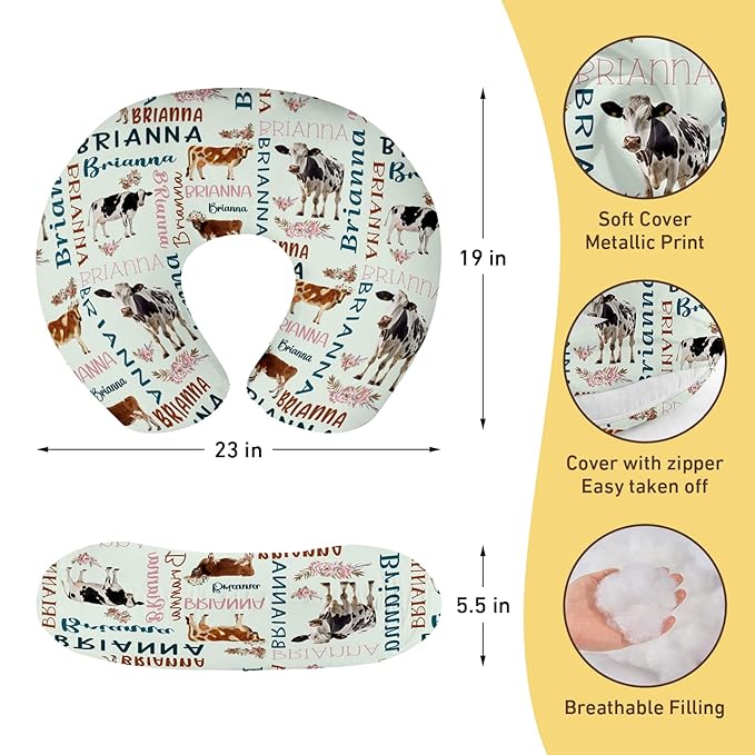 Baby Nursing Pillow Cover - Personalized Name Breastfeeding Pillow Cover with Cow Pattern, Stretchy Removable U-Shaped for New Moms, Soft Breathable Slipcover for Infant Boys Girls
