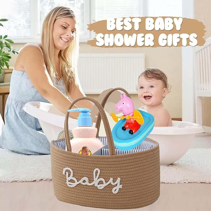 Diaper Caddy Organizer, Cotton Rope Baby Storage Basket, Nursery Diaper Organizer With Divider, Portable Diaper Storage - Hemp Yellow