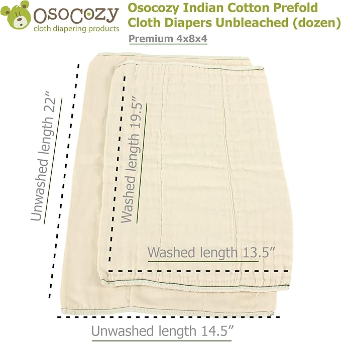 OsoCozy Unbleached Prefold Cloth Diapers 100% Cotton, Durable, Soft, Absorbent, Sustainable & Economical - dims, Fits size range. - (Size)