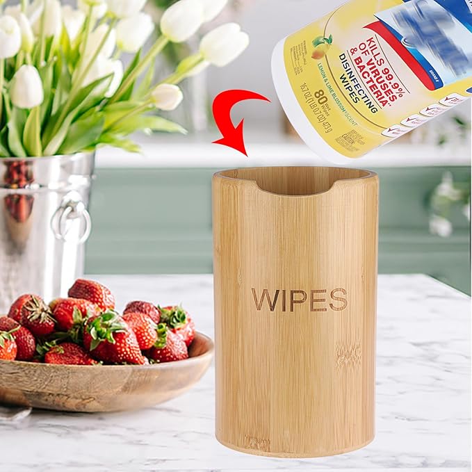 Kokone Bamboo Wipes Dispenser Compatible for Clorox Lysol, Farmhouse Wipes Canister Holder Cleaning Wipe Dispenser Container, Decorative Bamboo Wipes Dispenser Keeper for Kitchen Bathroom Office