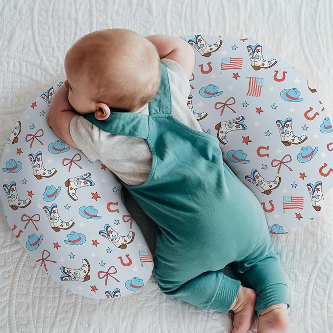 July 4th Western Cowboys Baby Nursing Pillow Covers for Boy Cowboy Boots Hat American Flag Stars Bows Nursing Slipcovers for Breastfeeding Pillows Patriotic Soft Stretchy Cover for Newborn Infant Blue
