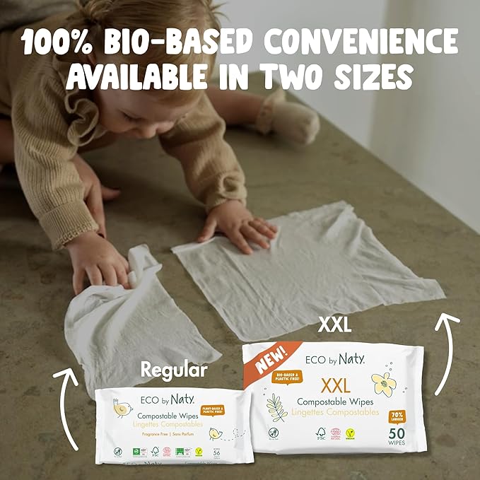 Naty Baby Wipes XXL | 98% Water, Hypoallergenic & Natural for Sensitive Skin | Unscented, Plant-Based, Fragrance-Free | Plastic-Free & Compostable | Newborn & Toddler Wipes | 600 Count (12 Packs)