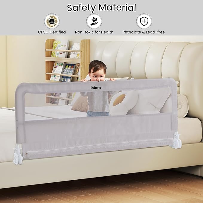 INFANS Bed Rail for Toddlers, 59" Foldable Safety Baby Crib Rail Fit for Kids Twin, Extra Long Swing Down Bed Guardrail for Convertible Crib, Queen, Full, King Mattress Side Guard (Light Gray)