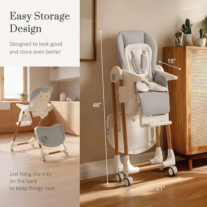 Mallify Foldable High Chairs for Babies and Toddlers, 3-in-1 Convertible Baby High Chair with Removable Soft Cushion and Tray, Adjustable Height & Recline, Lockable Wheels, Ligh Gray