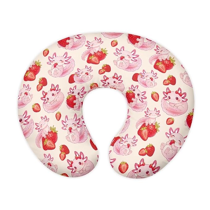 Jeiento Pink Nursing Pillow Covers Cartoon Axolotl Strawberry Nursing Cover for U-Shaped Breastfeeding Pillow Slipcovers for Newborn Baby Mom,Cute Axolotl U-Shaped Pillows Case