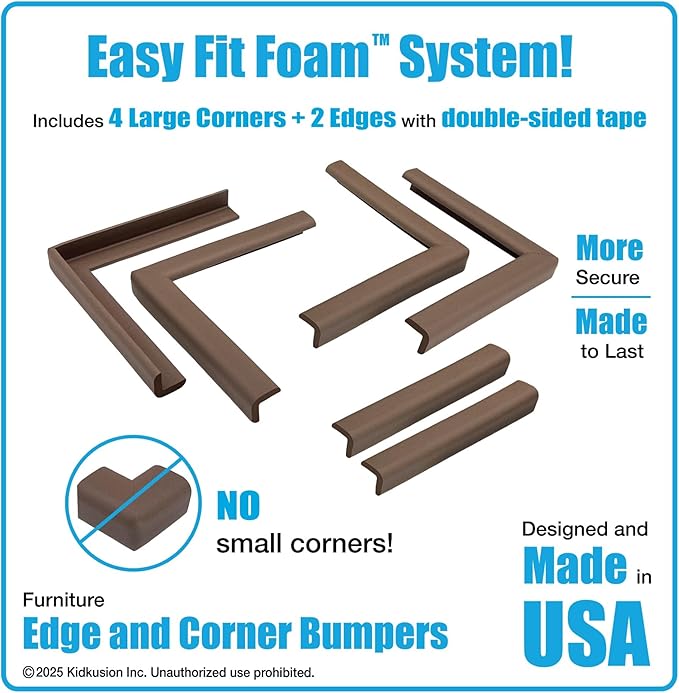 KidKusion Corner and Edge Protector | Easy Fit System | Soft Durable Foam Rubber Padding for Furniture w/Doublesided Tape | Babyproofing Bumper Guards | Large Profile | 20 Ft. | Brown