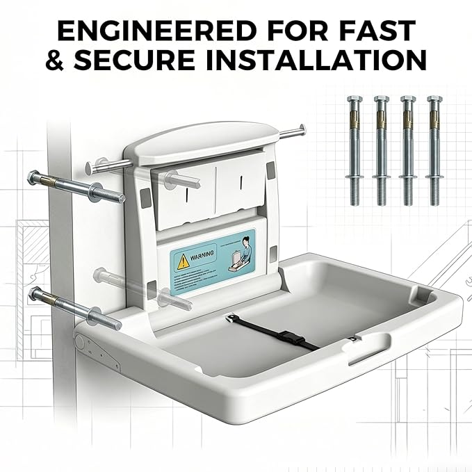 Commercial Baby Changing Station Wall Mounted Fold Down Diaper Changing Table for Public Restrooms, HDPE Changing Station with Safety Strap, Storage Shelf & Bag Hooks, Supports Up to 45lbs