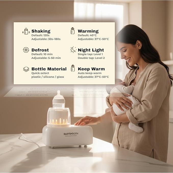 Bottle Warmer & Mixer, Babysmooth Waterless Baby Bottle Warmer with Silent Shake, Fast Heat, Night Light for Nighttime Feeding, One-Touch Easy Use, Adjustable Temperature & Time, Thaw & Keep Warm