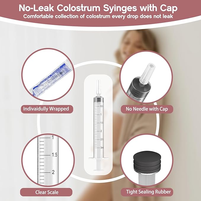 120 Sets 1/3/5ml Colostrum Collector Kit Include No Needle Colostrum Syringes with Caps 1/3/5mlx60, Stickerx120, 20ml Measuring Cupx4, Ziplock Storage Bagx12 for Breastmilk Collector