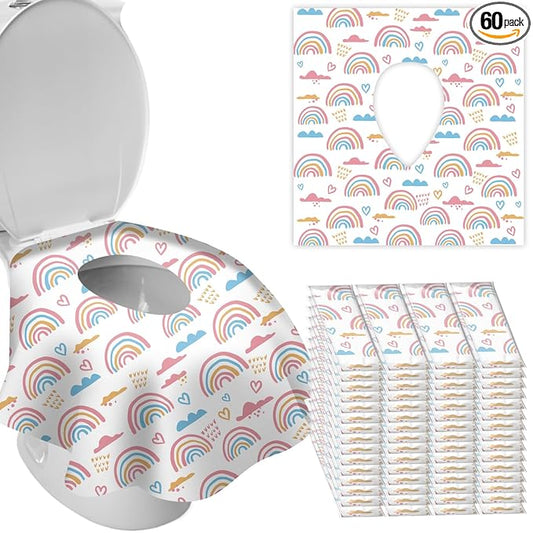 DEEKI 60 Pack Toilet Seat Covers Disposable, Safe No-Slip Waterproof for Kids Toddlers Use in Potty Training Public Restrooms Toilets, Portable Clean Covers for Adults Travel -Rainbow (60 Count)