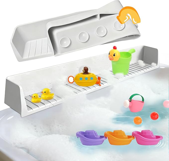 2Pack Bathtub Splash Guard for Kids Adult - 31IN Silicone Bath Tray Shelf for Tub with 11 Suction Cups, Bath Tub Play Shelf for Kids & Toy Holder, Bathtub Accessories Prevent Water Spill in Bathroom