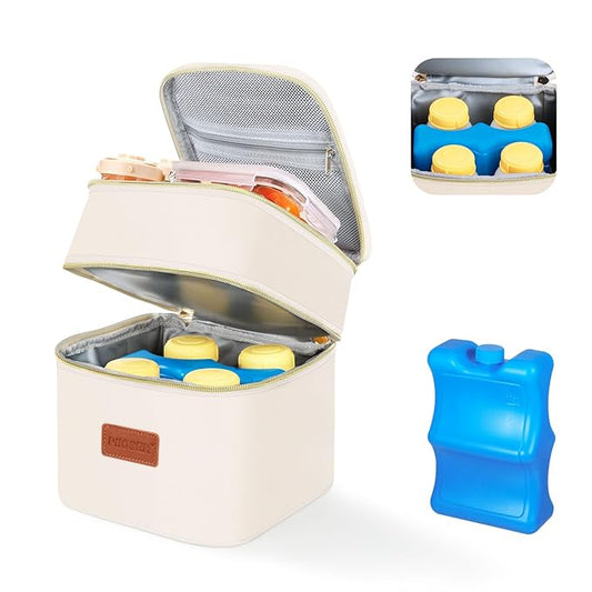 PIIOSER Insulated Baby Cooler Bag with Ice Pack, Fits 4 Baby Bottles Up to 5 Ounce, Portable Breastmilk Cooler Travel Bag with Buckle for Nursing & Working Mom Daycare, Cream