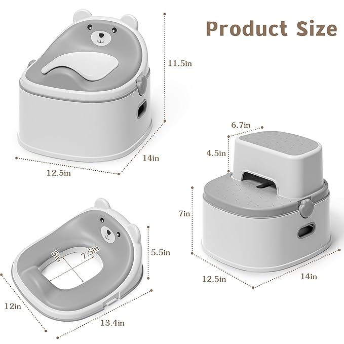 3-in-1 Potty Training Toilet, Portable Potty, Potty Training Seat and Toddler Step Stool, Easy Setup and Clean, Anti-Slip Toddler Potty Trainer for Boy Girl,Grey