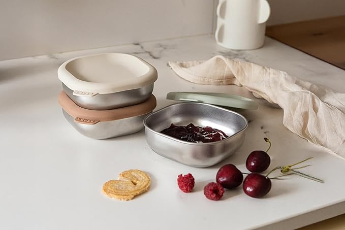 BEABA Microwave Safe Stainless Steel Baby Bowls with Lid, Set of 3, Nautral