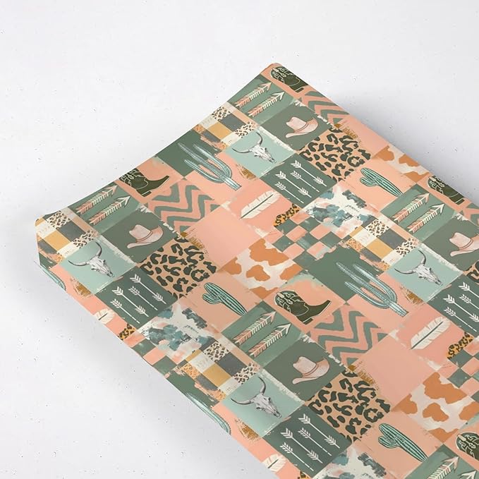 Western Cactus Cow Skulls Hats Patchwork Baby Changing Pad Cover, Unisex Western Nursery Diaper Changing Table Pad Mat Sheet for Boys Girls-16x32
