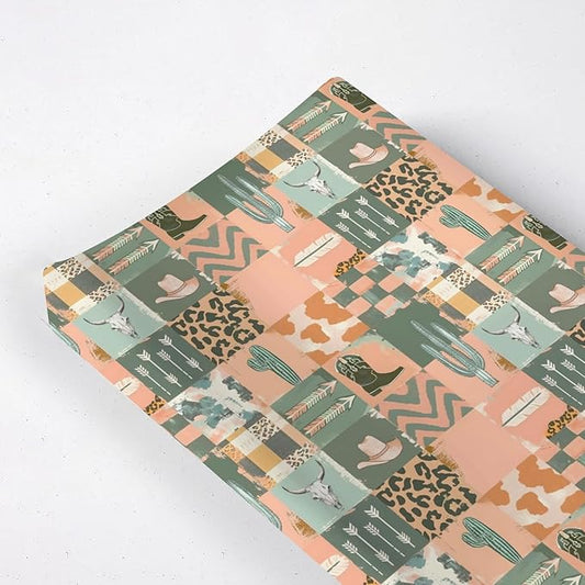 Western Cactus Cow Skulls Hats Patchwork Baby Changing Pad Cover, Unisex Western Nursery Diaper Changing Table Pad Mat Sheet for Boys Girls-16x32