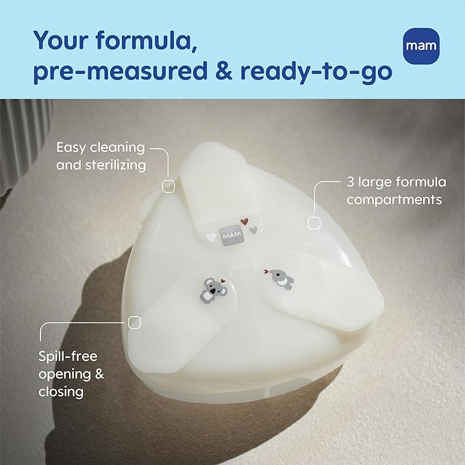 MAM Baby Formula Dispenser – Spill Proof Travel Milk Formula Container with 3 Compartments 1.4oz / 40g Each, Also Fits Bottle Nipples, Snacks, Pacifiers, Dishwasher Safe, Made in Europe