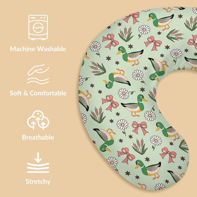 Cute Mallard Ducks Bows Reeds Nursing Pillow Covers Green Ducks Daisy Flowers Nursing Covers for Breastfeeding Hunting Season Pillow Slipcover for Baby Girls Boys Newborn