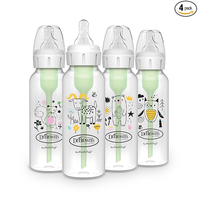 Dr. Brown's Natural Flow Anti-Colic Options+ Narrow Baby Bottle, 8 oz/250 mL, with Level 1 Slow Flow Nipple, BPA Free, 0m+, Squirrel, Goat, Bear, Owl, 4-Pack