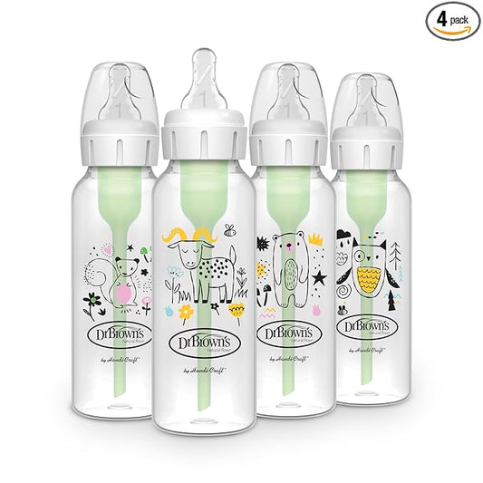 Dr. Brown's Natural Flow Anti-Colic Options+ Narrow Baby Bottle, 8 oz/250 mL, with Level 1 Slow Flow Nipple, BPA Free, 0m+, Squirrel, Goat, Bear, Owl, 4-Pack