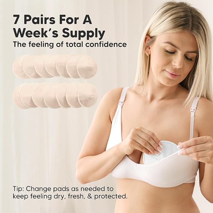 Organic Nursing Pads - 14 Washable Breast Pads for Breastfeeding, Wash Bag, Viscose Derived from Bamboo Reusable Nipple Covers for Breastfeeding Essentials, Soft & Absorbent (Bare Beige, L 5")