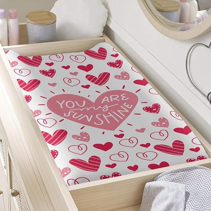 Valentines Day Changing Pad Cover for Girls Heart Love Diaper Change Table Covers Soft Stretchy Changing Mat Sheet Cover