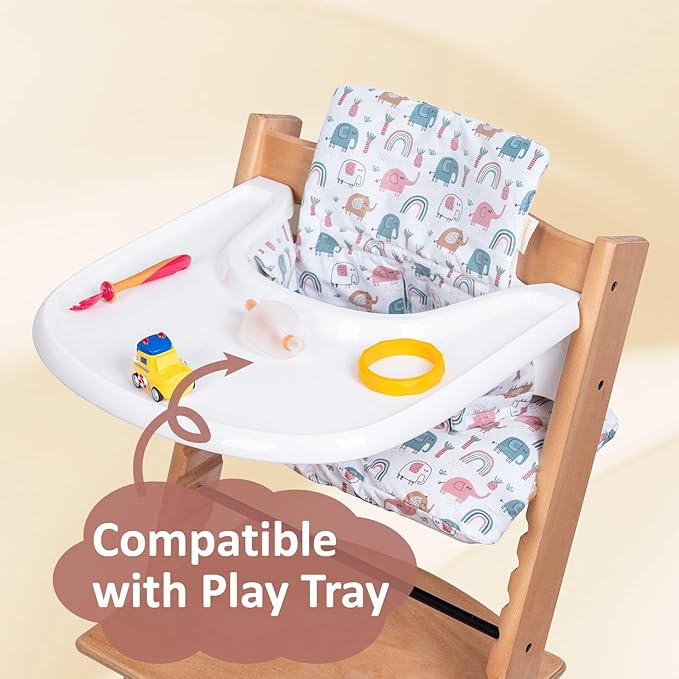 Waterproof & Extra Padded Soft Dining Chair Seat Cushion, Wipe Clean Cushion for Stokke Tripp Trapp High Chair, 18" L x 11" W, Compatible & Convertible Design (Colorful Elephants)