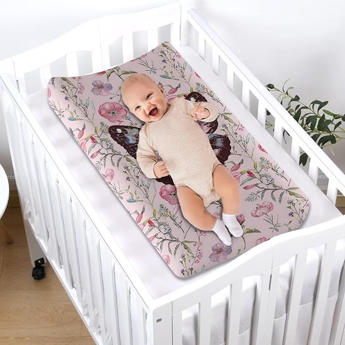 Pink Rose Butterfly Change Pad Covers, Water Resistant Baby Diaper Change Table Covers Soft Contoured Pad Covers for Newborn Baby Boys Girls