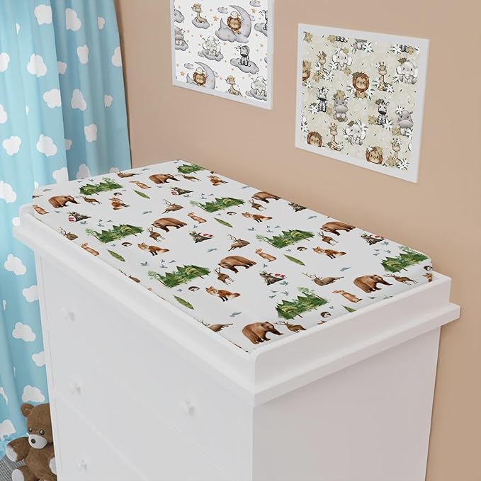 Cartoon Animals Baby Changing Pad Covers Cute Bear Deer Hedgehog Rabbit Birds Trees Mountain Diaper Change Table Pad Cover for Boys Girls Soft Stretchy Fitted Changing Mat Sheets 32''x16''