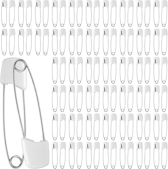 TIESOME 70 Pieces Diaper Pins, Diaper Safety Pin, 2.2 Inch Stainless Steel Diapers Pins for Cloth Diapers, with Plastic Safety Heads and Locking Closures, (White)