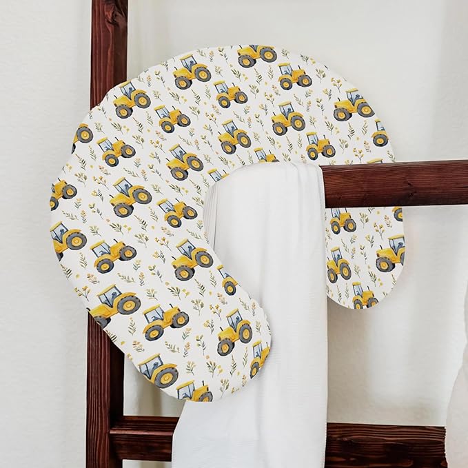 Watercolor Yellow Tractors Baby Nursing Pillow Covers for Boy Girl Farm Tractors Boho Leaves Nursery Feeding Pillowcase for Breastfeeding Pillows Farm Life Soft Stretchy Slipcovers for Newborn Infant