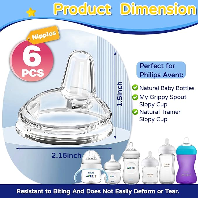 Sippy Spout Nipples(6 Pack), Compatible with Philips Avent Natural Bottles, My Grippy Spout & Natural Trainer Sippy Cup, 100% Food Grade Silicone Sippy Cup Nipples, 6m+, Leak-Proof, BPA-Free