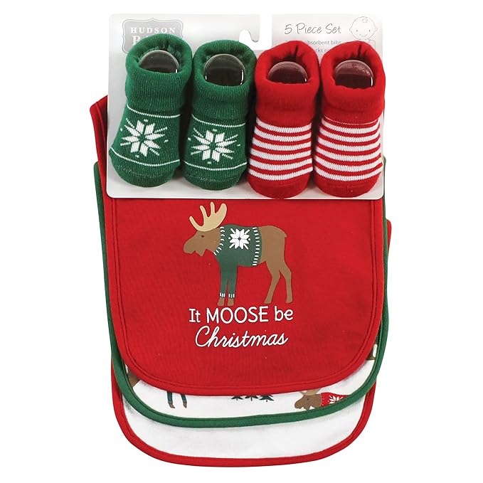 Hudson Baby Unisex Baby Cotton Bib and Sock Set, Moose Be Christmas, One Size