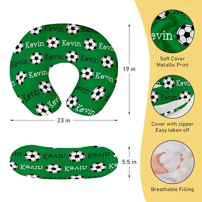 Baby Nursing Pillow Cover - Personalized Name Green Soccer Theme Breastfeeding U-Shaped for Bottle Feeding, Ultra Soft Comfortable Breastfeeding Pillow Cover for Infant Baby Boys and Girls