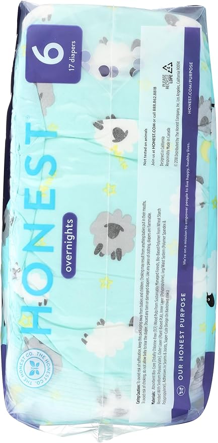 Honest, Overnight Diapers Sleepy Sheep Size 6, 25 Ounce, 17 Count