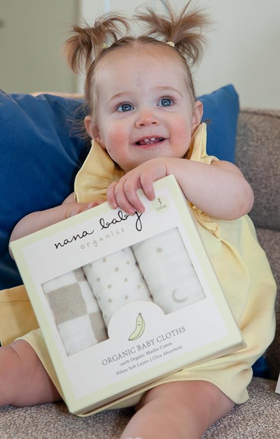 Nana Baby Burp Cloths – 100% Organic Cotton, Oversized & Hypoallergenic, 8-Layer Muslin, Machine Washable, Neutral Unisex Colors, Gentle on Sensitive Skin, Set of 3 (Beige)