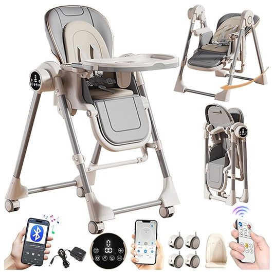 Nine point nine Electric Bluetooth Smart PU Leather High Chair with Swinging Function, Baby High Chairs for Babies and Toddlers, Baby Feeding Chairs Seat, Double Tray, Removable Wheels (E8121 Grey)