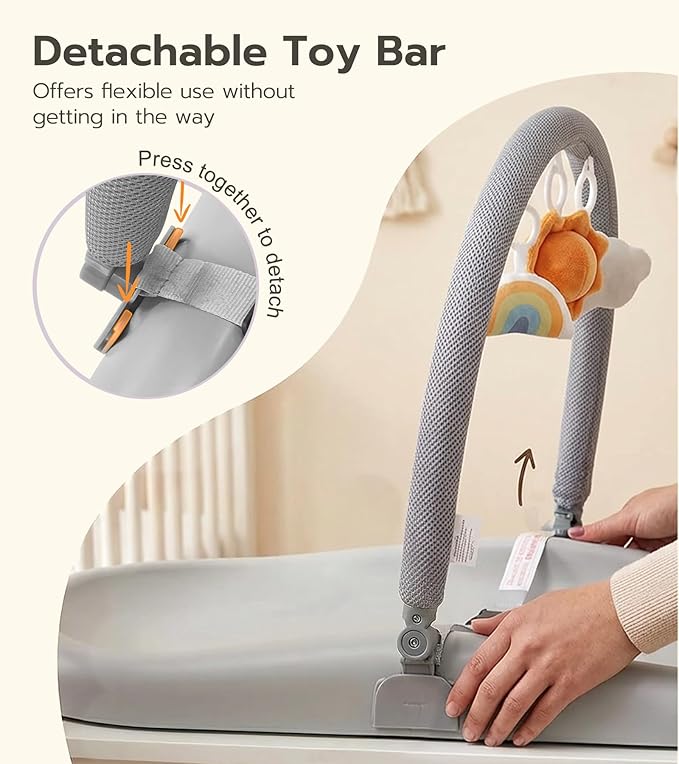 Mallify Wipe-Clean Baby Changing Pad, Waterproof Durable PU Pad, Soft & Non-Slip Safety Belt & Hanging Toys, Easy to Adjust & Removable Bar, Gray
