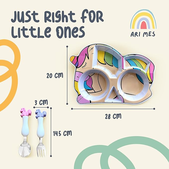 ARI MES - Unicorn Shaped Plate and Utensil Set - Fun, BPA-Free, Shatter- Resistant, Lightweight, Picky Eaters Kids Dinnerware Set, Children's Utensils, Toddler Forks and Spoons