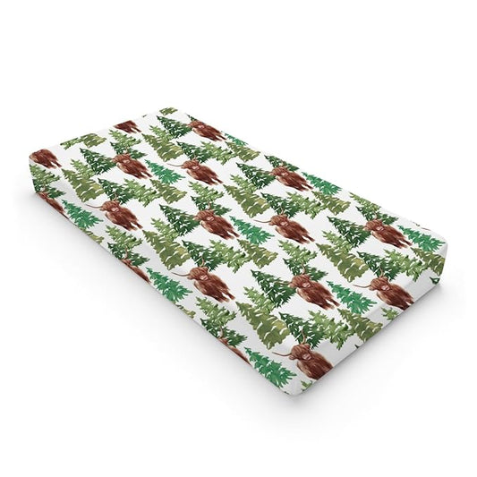 Highland Cows Forest Changing Pad Cover Cute Yak Winter Pine Trees Diaper Changing Table Cover Sheets for Boys Girls Soft Breathable Stretchy Fitted Changing Table Mats 32''x16''