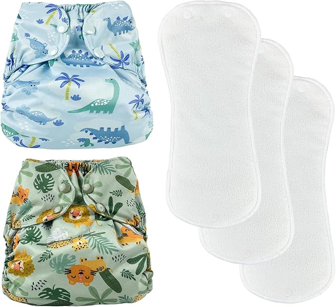 BISENKID 2 Pack Waterproof Cloth Diaper Cover Reusable Plastic Diaper Cover - Adjustable Outer Shell with 3 Pack Absorbent Diaper Inserts to Prevent Urine Blowouts for Baby Boy, Size 2 (18-35Pound)