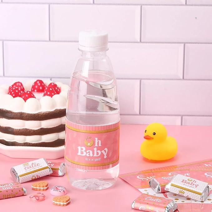 Teling 80 Pieces Baby Shower Water Bottle Labels Waterproof Water Bottle Stickers Wrappers Labels for Baby Shower Party Decoration(Pink Girl Style)
