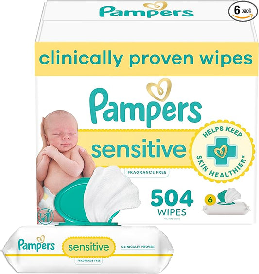 Pampers Sensitive Baby Wipes, Water Based, Clinically Proven, Hypoallergenic, and Unscented for Babies, 504 Wipes Total (6 Flip-Top Packs) [Packaging May Vary]