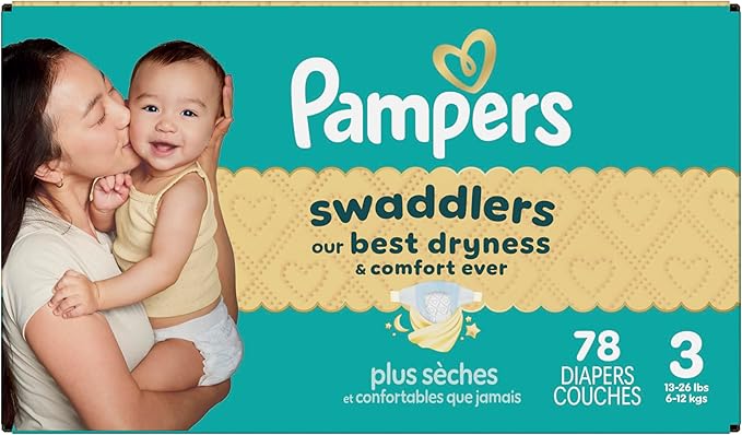 Pampers Swaddlers Diapers, Size 3 (13-26 lbs), 78 Count, Absorbent, Keeps Baby Dry and Comfortable, Skin Safe Disposable Baby Diaper