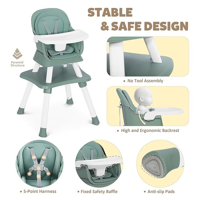 TODEFULL Baby High Chair, 8 in 1 Convertible Highchairs for Babies and Toddlers, Children Dining Booster Seat/Kids Building Block Table for Girls Boys, Baby Seat with Removable Tray, Green