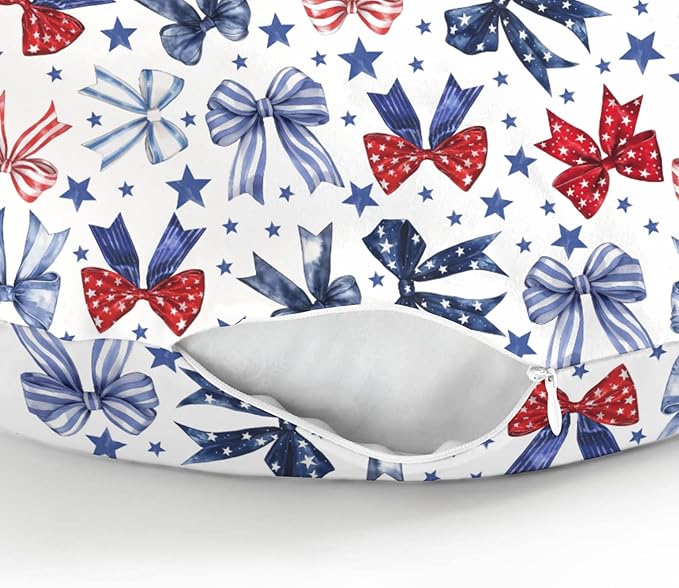 Red White & Blue Bows Nursing Pillow Covers for Boy Girl Patriotic Ribbons Stars Nursing Slipcovers for Breastfeeding Pillows Cute 4th of July Party Soft Stretchy Removable Cover for Newborn Infant