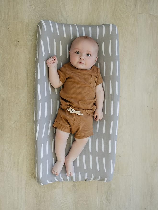 Mebie Baby Changing Pad Cover, Grey Dash, 100% Muslin Cotton Changing Table Pad Cover for Baby Boy and Girl, Designer Nursery Decor Covers, Diaper Changing Pad Cover for Changing Station
