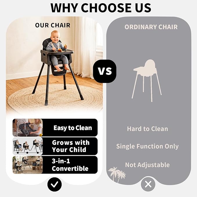 Portable High Chairs for Babies and Toddlers, Convertible Baby Feeding Chair with Tray, Easy Clean High Chair for Toddler with Foot Rest, Infant Highchairs & Booster Seats with Cushion Black